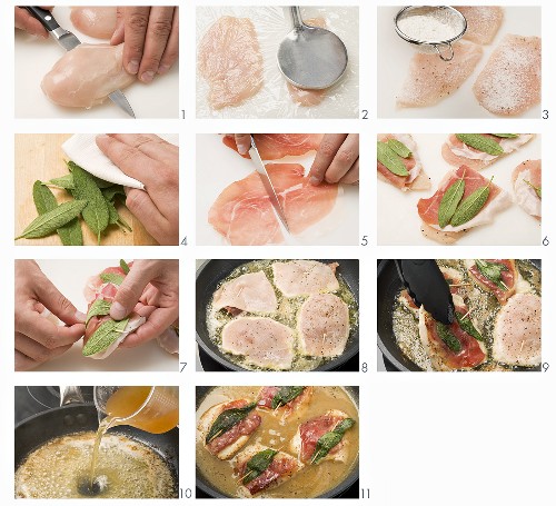 Chicken saltimbocca being prepared