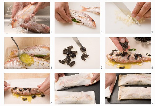 Red mullet with black olives baked in parchment paper