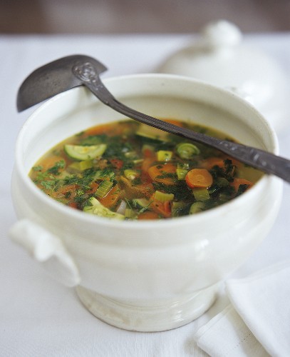 Vegetable soup in a soup tureen