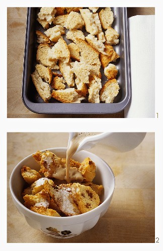 Making bread pudding with milky coffee (Westphalia)