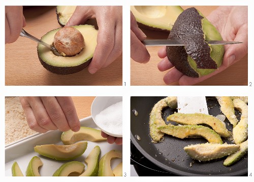 Fried avocado slices being prepared