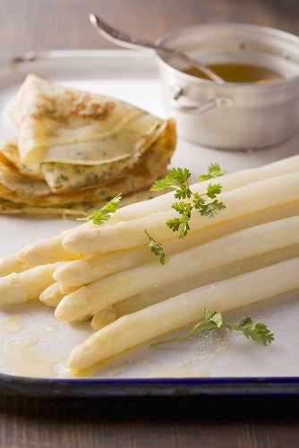White asparagus with chervil and herb pancakes