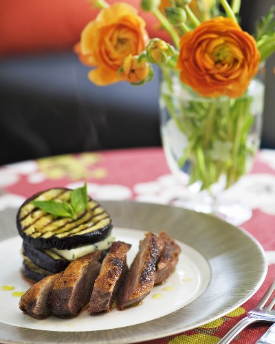 Duck breast with aubergine and Dolcelatte tower