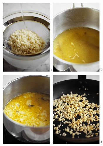 Preparing saffron rice with pine nuts