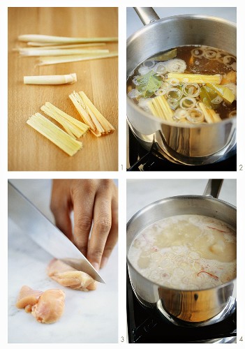 Making chicken and coconut soup (Thailand)