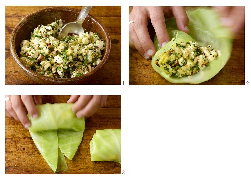 Stuffing cabbage leaves with goat's cheese & hazelnut stuffing