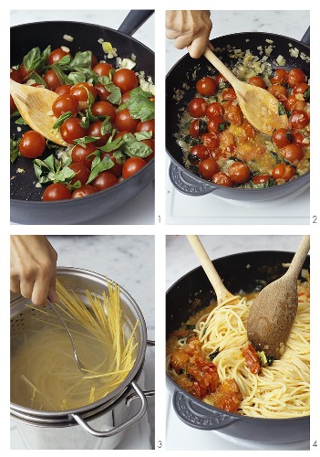 Making spaghetti with cherry tomatoes