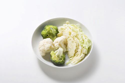 Cauliflower, broccoli and white cabbage