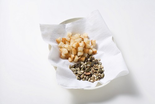 Croutons and toasted seeds