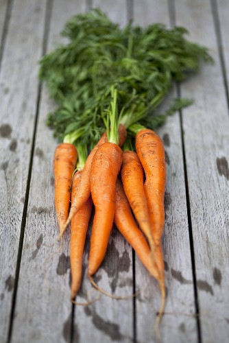 Fresh carrots on wooden table