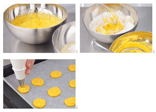 Making saffron macarons (small French cakes)