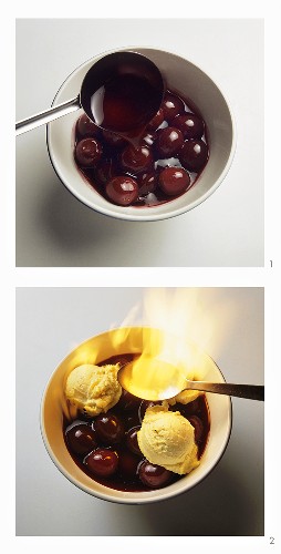 Preparing flambéed cherries with vanilla ice cream