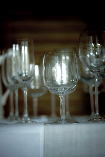 Empty wine and champagne glasses on a buffet table
