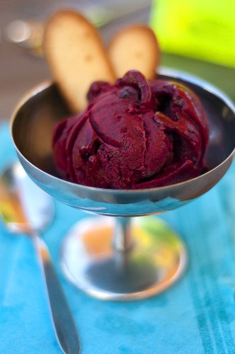 Blackcurrent ice cream in a bowl