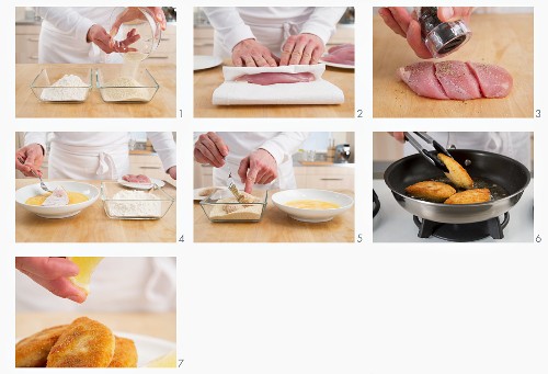 Breaded chicken breasts being prepared