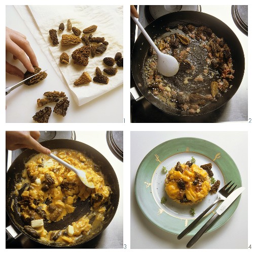 Preparing scramble egg with morels