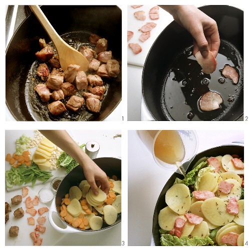 Preparing Pichelsteiner Eintopf (meat stew)