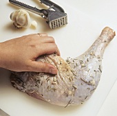 Rubbing turkey leg with spices