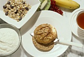 Healthy Breakfast with Roll; Muesli; Fruit and Cottage Cheese