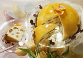 Lemon cream gateau with apricot jelly