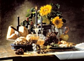 Cheese and Wine Still Life with Sunflowers