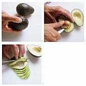 Removing the stone from an avocado and slicing the flesh