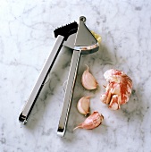 Garlic Press with Garlic on Marble/nSee Image #061085