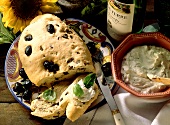 Olive bread with ricotta spread (Tuscany, Italy)