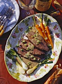 Sliced Braised Beef & Vegetables on a Serving Platter