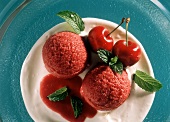 Cherry Sorbet with Ginger Cream; Mint Leaves