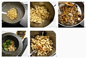Making pasta salad with mushrooms and pesto