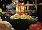 Bowl of Spaghetti with Tomato Sauce; Cheese