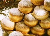 Jelly Donuts with Powdered Sugar on a Silver Tray