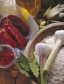 Rice, paprika sausage; saffron, garlic