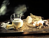 Baking Ingredients Still Life; Milk and Butter; Grain