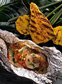 Mixed fish in foil and halibut cutlets from the grill