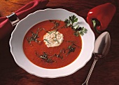 Red Bell Pepper Soup with Creme Fraiche and fresh Coriander