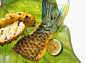 Grilled Parrot Fish Fillet and Pineapple on a Leaf