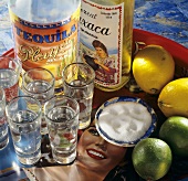 Tequila in Flaschen & vier Gläschen, Salz, Limetten, Zitronen