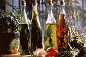 Mehrere Flaschen Olivenöl mit frischen Kräutern