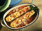Courgettes stuffed with rice, tuna and sweetcorn