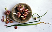 Red French garlic on stoneware plate