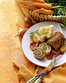 Veal roulade stuffed with strips of bacon & cucumber