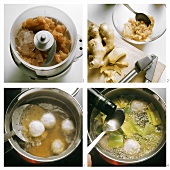 Making Asian soup with ginger & salmon dumplings & leeks