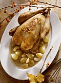 Roasted pheasant on a platter with grapes