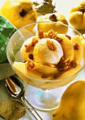 Quince ice cream with stewed quince slices, raisins & almonds