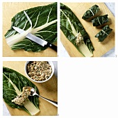 Making chard rolls with veal forcemeat stuffing