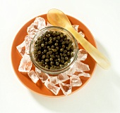 Schwarzer Kaviar im Schälchen auf Teller mit Eiswürfeln