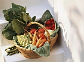Basket of assorted vegetables; carrots, romanesco, tomatoes