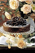 Tree cake gateau decorated with chocolate fans, on cake stand